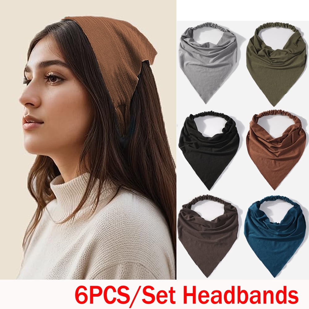 6 Pack Elastic Hair Scarf Headbands, Non-Slip Boho Triangle Kerchief with Clips 6 Pack Boho Triangle Hair Scarf Headbands for Women - Non  main image 2