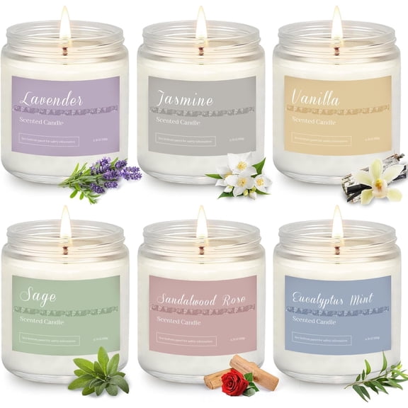 6 Pack Scented Candles Gift Set, Long Lasting Aromatherapy Candles for Home, 37.8 oz 300 Hour Burn, Lavender Jasmine Vanilla Sage Sandalwood Rose Eucalyptus Mint, Gifts for Women