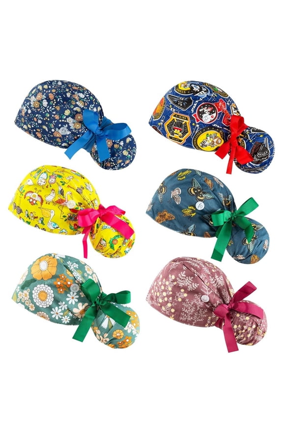 6-Pack Scrub Caps for Women with Ponytail Hole, Moisture-Wicking & Adjustable Bouffant Hats for Nursing, Spa, and Fitness