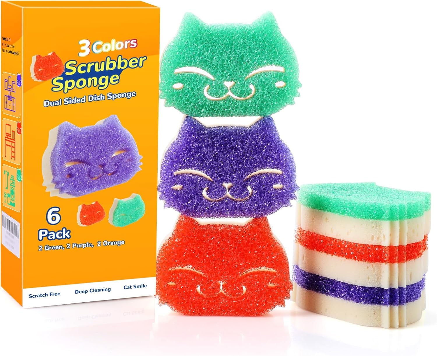 6 Pack Scrub Sponge - Dual-Sided, Smart-Temp Firmness, Dish Scrubber ...