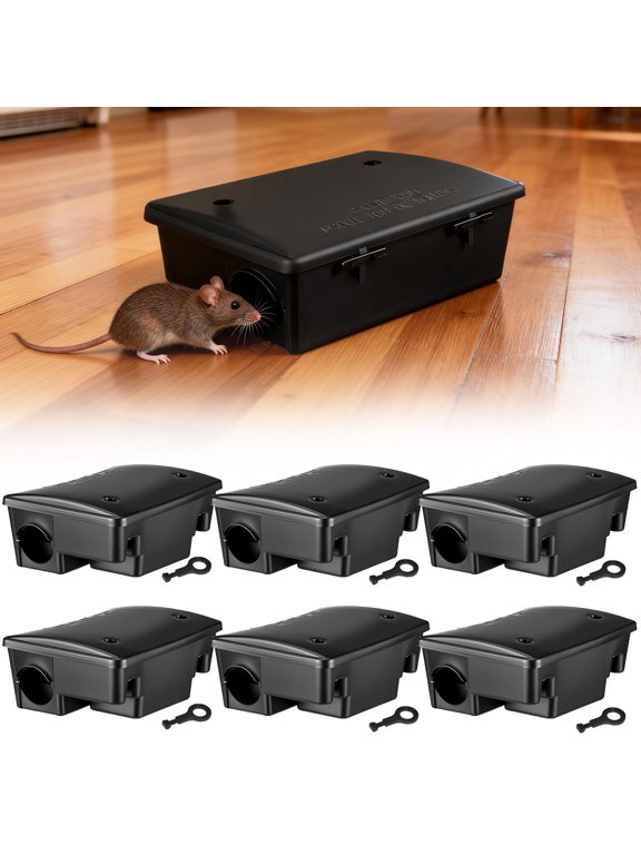 6 Pack Secure Rodent Bait Station, Black Lockable Mouse Bait Box with Key, Reusable Bait Holder for Rats