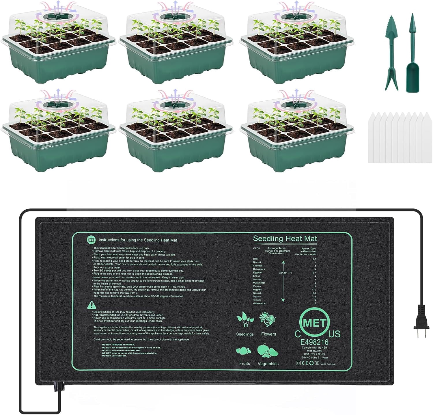 6 Pack Seed Starter Tray with 10"x20.75" Seedling Heat Mat, Kit Humidity Dome, Starting Trays Plant and Base, for Seeds Growing