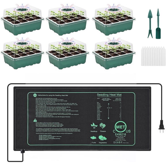 6 Pack Seed Starter Tray with 10"x20.75" Seedling Heat Mat, Seed Starter Kit with Humidity Dome, Seed Starting Trays Plant Starter Kit and Base, Kit for Seeds Growing Starting