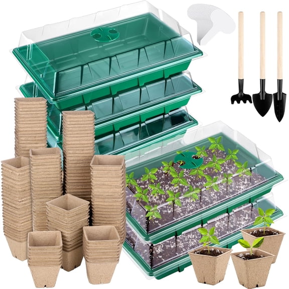 6 Pack Seed Starter Tray Kit with 120 Square Peat Pots for Seedlings, Including Plants Labels, Planting Tools, Growing Trays Plastic Germination Paper Pods Plant Seeds, Green