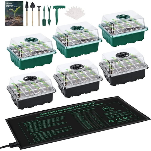6-Pack Seed Starter Tray with Heat Mat(12 Cells per Tray), Plant Germination Trays with Adjustable Humidity Dome Seed Trays,Seedling Heat Mat
