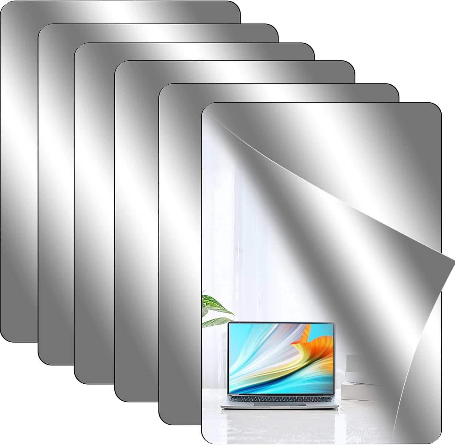 6 Pack Self Adhesive Acrylic Mirror Tiles, 12 x 16 Inch, Flexible Sheets, Frameless Wall Stickers, Non Glass for Bedroom Bathroom Home Decor, 2MM Thick