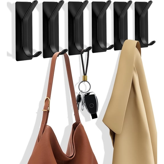 6 Pack Self Adhesive Coat Hooks for Hanging, Heavy Duty Stainless Wall Hook for Towel, Robe, Small Metal Door Hanger for Bathroom, Bedroom, Dorm Decor (Black)