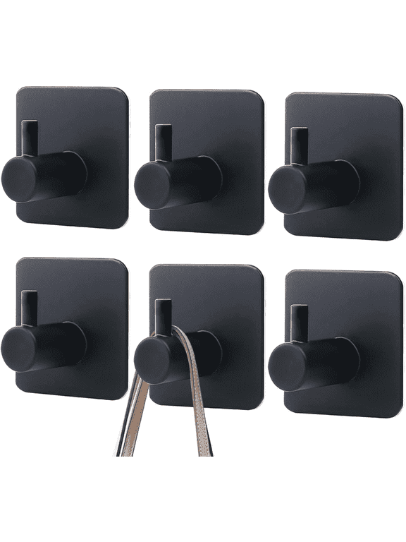 6 Pack Self Adhesive Hooks,Heavy Duty Stick On Wall and Door Hooks for Hanging,Bathroom Towel Hooks and Kitchen Hallway Sticky Black Hooks,Coat Hooks Robe Hook Wall Mounted,Stainless Rustproof