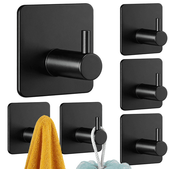 GARITIN 6 Pack Adhesive Hooks Heavy Duty Removable Self Stick Wall Hanging Hooks Without Nails, Waterproof Stainless Steel Wall Hangers for Bathroom Kitchen Storage