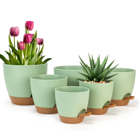 6 Pack Self Watering Plant Pots, Kabaqoo Plastic Planters with Drainage Holes and Saucers, Flower Pots for Indoor Outdoor Garden Plants