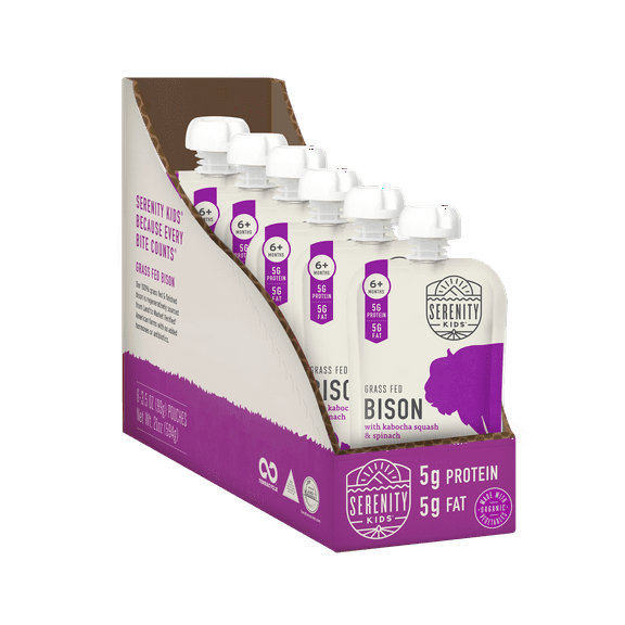 (6 Pack) Serenity Kids Grass Fed Bison with Organic Kabocha Squash & Spinach Stage 2, 6+ Months