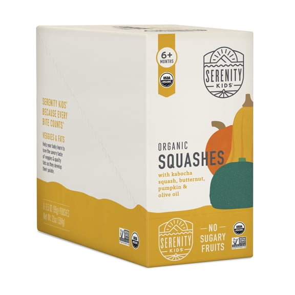 Serenity Kids Organic Squashes with Kabocha Squash, Butternut, Pumpkin & Olive Oil, 6+ Months, 6 Pouches, 3.5 oz (99 g) Each