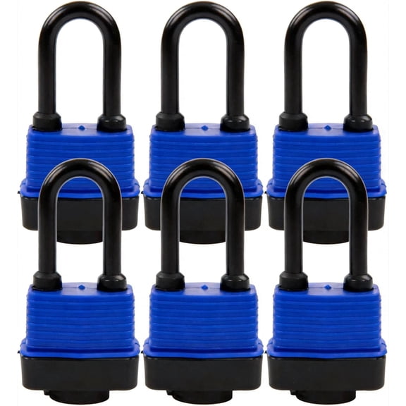 6-Pack Set 44MM Weatherproof Outdoor Padlock Keyed Alike, Heavy Duty Steel Lock Body with Blue Cover Water Risistant, Long Shakle, 6 Locks with Same Keys for Garden, Garage, Gate, Fence, Marine