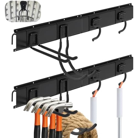 6 Pack Shed Tool Hooks Organizer Wall Mounted 32" Adjustable Storage Shed Accessories Double Straight Large Curved Mop Hook Metal for Large Small Tools Yard Gardening Rack Shovel Broom