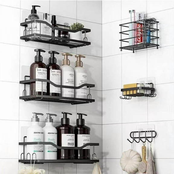 6 Pack Shower Caddy Shelf Bathroom Shower Organizer Rack No Drilling Multifunctional Organizer,Self Adhesive Black Bathroom Shelves Basket For Holding Shampoo Soap Bathroom Toilet