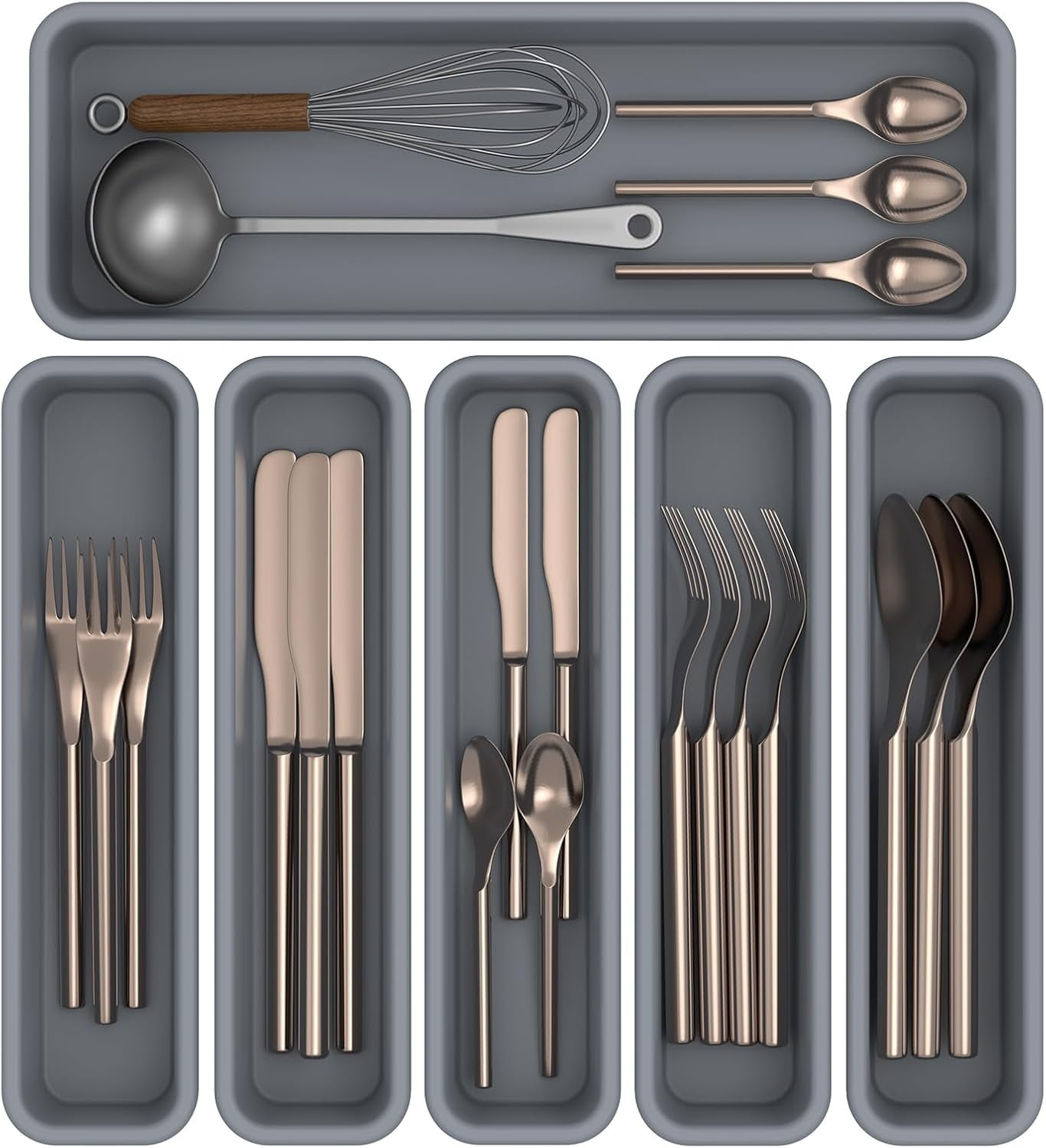 6 Pack Silicone Drawer Organizer for Kitchen, DIY Free Combination Silverware Organizer, Utensil Moisture-proof and Heat-resistant up to 200°C, Anti-slip Design (Grey)