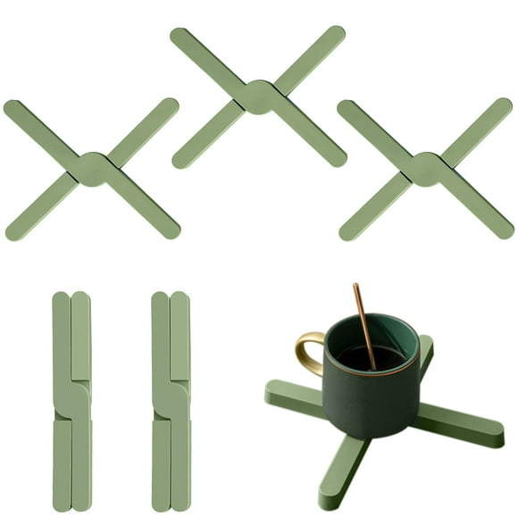 6 Pack Silicone Folding Trivets for Kitchen Worktops, Heat Resistant Hot Pans Stand Kitchen Trivets, X-Shaped Non Slip Expanding Pot Holder Pads Protector for Dishes Plates Cups (Olive Green)