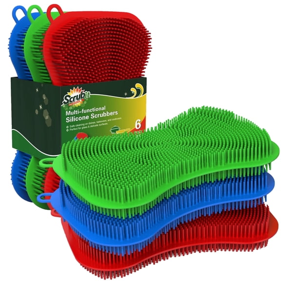 6 Pack Silicone Scrubbing Sponge by SCRUBIT -Real Silicon Non Scratch & Non Smell Kitchen Scrubber Pad for Dishes, Fruit, Vegetable - Reusable Cleaning Sponges - Multi-Colored Pads [Red, Green, Blue]