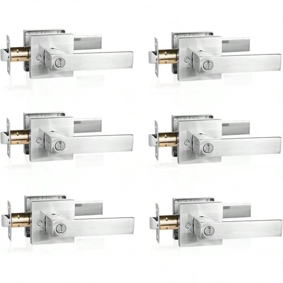6 Pack Silver Privacy Door Handle Heavy Duty Reversible Square Door Lever Keyless Interior Door Knob Lockset Door Lever For Bedroom Bathroom Rooms Left Right Handed Doors