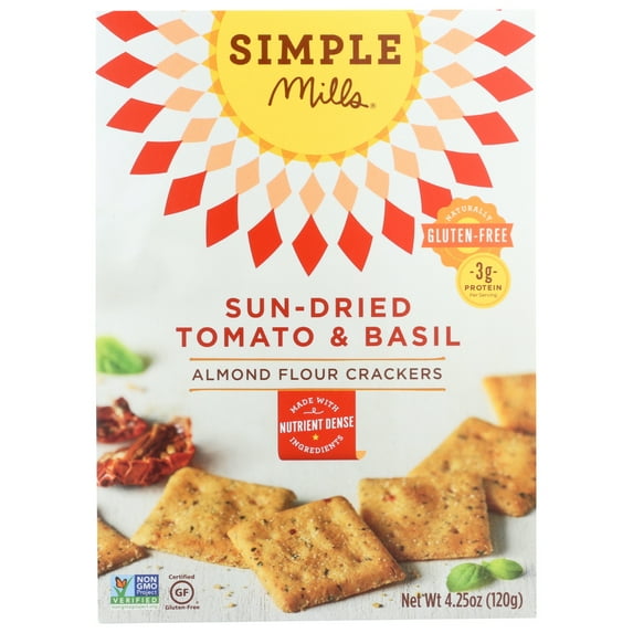 (6 pack) Simple Mills Crackers, Sun-Dried Tomato & Basil, Almond Flour, 4.25 oz.