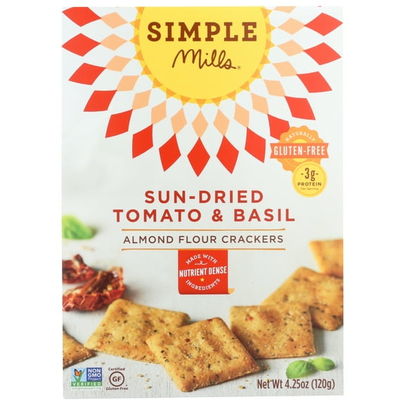 (6 pack) Simple Mills Crackers, Sun-Dried Tomato & Basil, Almond Flour, 4.25 oz.