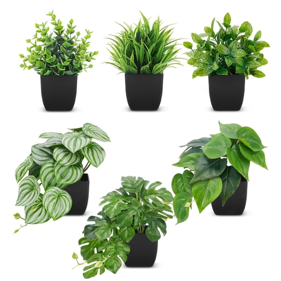 6 Pack Small Artificial Plants in Black Pots Fake Greenery for Home Office Desk Bathroom Aesthetic Farmhouse Room Decor Indoor