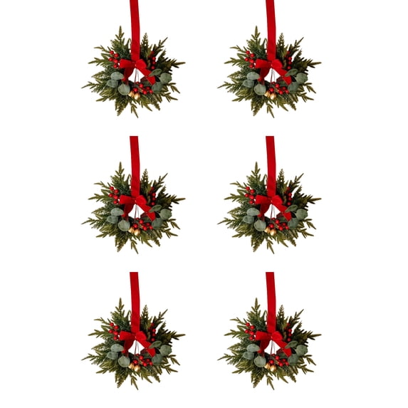 6 Pack Small Christmas Hanging Wreaths,10.6 Inch Artificial Pine Mini Wreath with Red Velvet Bow Gold Bells Eucalyptus Leaves,Xmas Decorative Wreath for Cabinet Window Door Mantel Displays