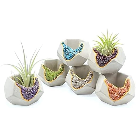6 Pack Small Crystal Cement Pots - Unique Air Plant Holders - 3 Inch Mini Geode Concrete Plant Pots with Drainage Hole - Geometric Succulent Pots - Decorative Tealight Candle Holders$$Garden & Patio