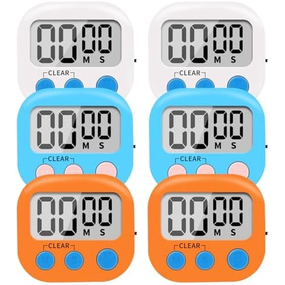 6 Pack Small Digital Kitchen Timer Magnetic Back and ON/Off Switch,Minute Second Count Up Countdown (Multicolored)