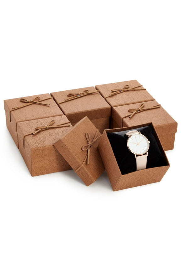Juvale Bracelet Gift Box 6-Pack - 3.5 x 3.5 x 2.3 in, Brown Country-Rustic Cardboard - Velvet Pillow & Faux Leather Bow Lid - Tiny Jewelry Gift Boxes & Watch Packaging