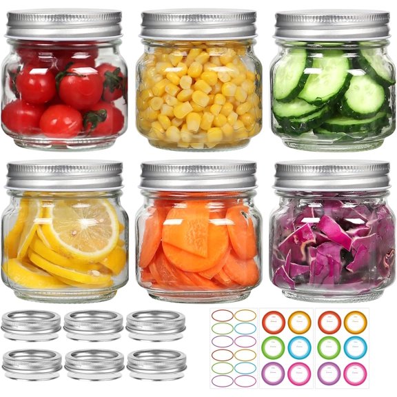 6 Pack Small Mason Jars 8 oz, Half Pint Canning Jars, 6 Split-Type Lids and EXTRA 6 Single Lids Included, Regular Mouth Glass Jars for Canning, DIY & Candle