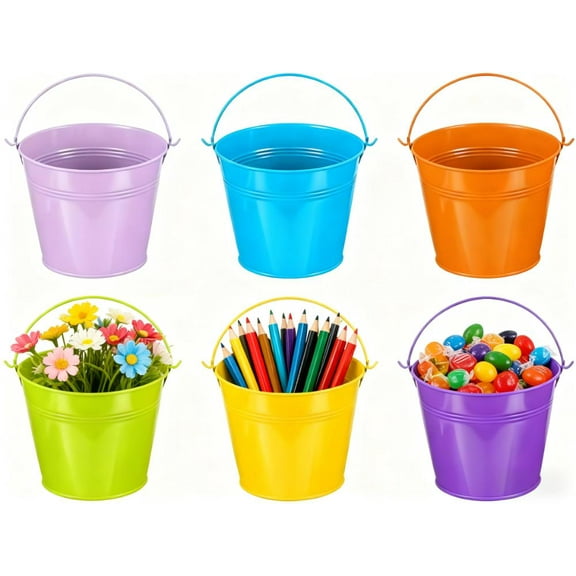 6 Pack Small Metal Buckets with Handle, Colored Galvanized Mini Pails for Craft and Party Decorations(6 Colors)