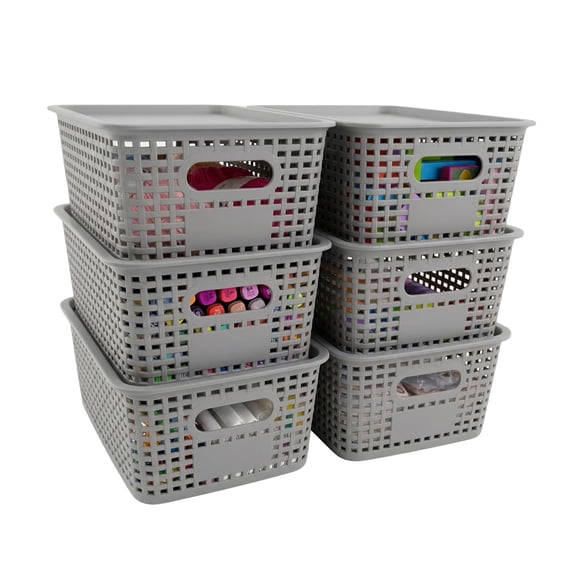6 Pack Small Plastic Storage Baskets with Lids, Plastic Storage Baskets for Organizing, Stackable Organizer Baskets, Small Storage Bins for Shelves,Closet,Craft Room,Playroom,Classroom,Office, Grey