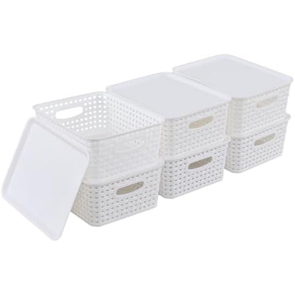 6-Pack Small Plastic Weave Basket, Stackable Storage Baskets with Lids, White