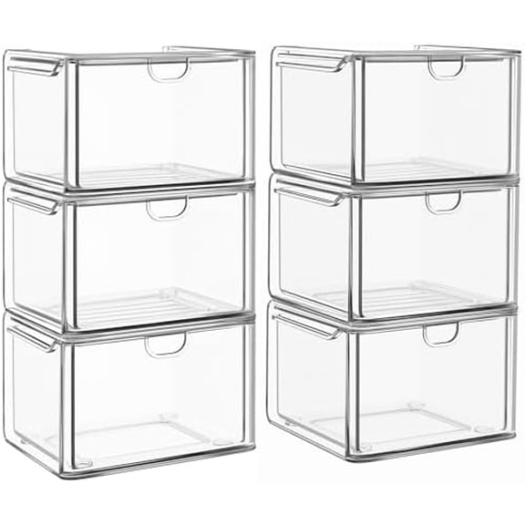 6 Pack Small Stackable Stroage Drawers, Acrylic Bathroom Makeup Organizer, Plastic Storage Bins For Vanity, Undersink, Kitchen Cabinets, Pantry, Home Organization