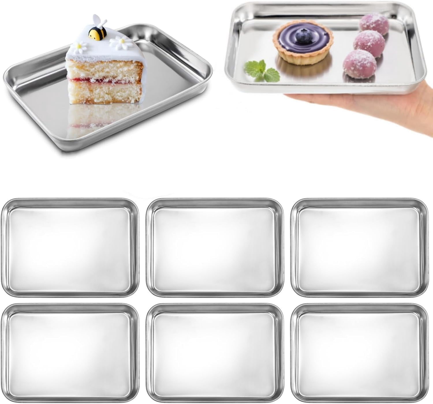 6 Pack Small Stainless Steel Plates, 9.2''L x 7''W Mini Metal Food Tray Plate, Portable Size Baking Sheets for Oven, Food Safe Smooth Polished for Picky Eaters, Campers, Hand Project