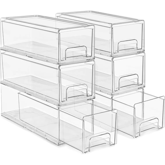6-Pack Small Wide Clear Stackable Plastic Storage Drawers with Handles - Pull-Out Organizer Bins
