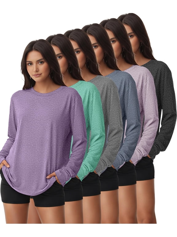 6 Pack Small Women's Athletic Workout Tops, 1 Black 1 Gray 1 Blue 1 Purple 1 Dark Pink 1 Green, Dry Fit UPF 50+ Gym Tees