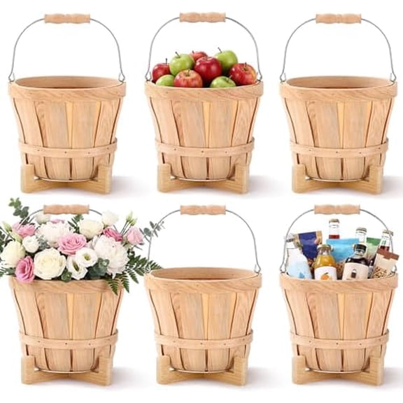 6 Pack Small Wooden Bushel Baskets with Handle and Racks 7.87 x 5.9 Inch Empty Wood Fruit Buckets Retail Display Apple Basket Harvest Basket for Display Vegetables Garden Party Supplies