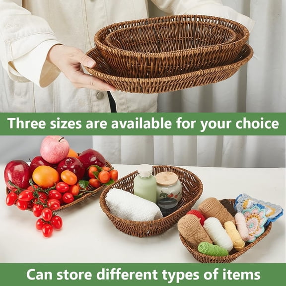 6 Pack Small Woven Breads Baskets, Stackable Plastic Wicker Basket Tabletop Storage Bins Fruit Vegetables Sundries Storage for Bakery Home Kitchen Restaurant, Coconut Brown 3 Size