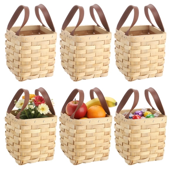 6 Pack Small Woven Gift Baskets with Leather Handles, Mini Wooden Storage Buckets, Rustic Decorative Party Favor Containers for Easter, Wedding, Candy, Crafts 4.3" x 4.7"