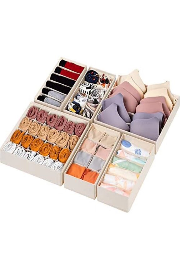 6 Pack Sock Underwear Drawer Organizer Dividers, 58 Cell Foldable Fabric Dresser Closet Organizers and Storage Bins for Clothing, Baby Clothes, Bra, Panty, Scarf, Ties (Beige)