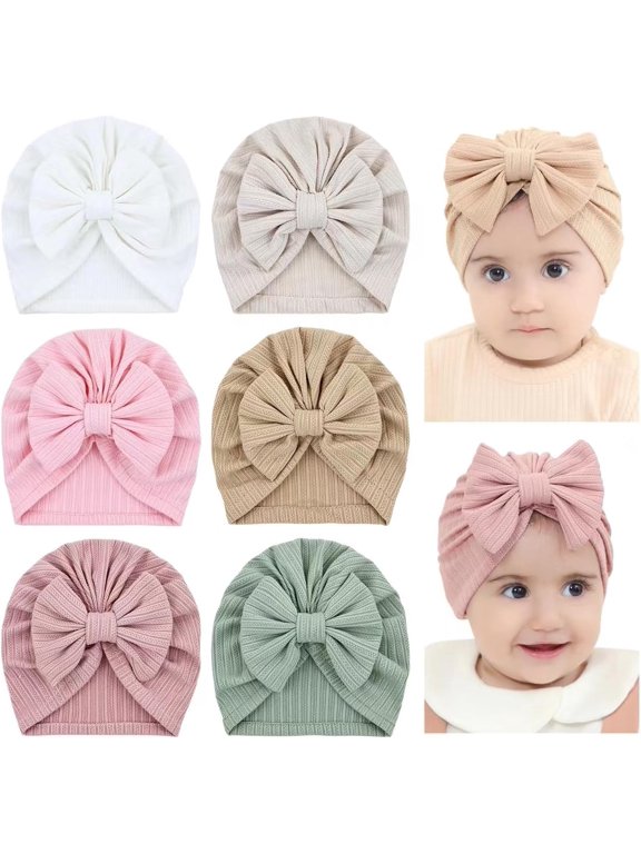 6 Pack Soft Turban Hats with Bow Donut Nursery Hospital Caps Beanies Bonnets for Baby Girls Newborns Infants Toddlers