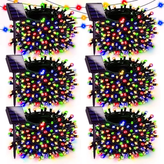 6 Pack Solar Christmas Lights Outdoor, 600 LED 198 FT Solar Powered String Lights Waterproof with Green Wire 8 Lighting Modes, Twikle Light for Xmas Tree Fence Party Yard Garden Decor, Multicolored