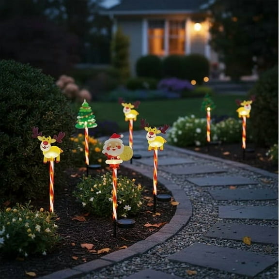 6-Pack Solar Christmas Pathway Lights Outdoor LED Waterproof Moving Lights with Santa Reindeer Christmas Tree Stakes for Yard Garden Walkway Holiday Decorations