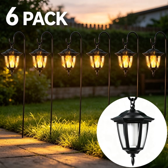 6 Pack Solar Flame Hanging Lanterns, Solar Powered Flickering Flame LED Lights with 38.7in Shepherd Hooks, Auto Dusk to Dawn Waterproof for Patio Deck Yard Halloween Christmas Decor