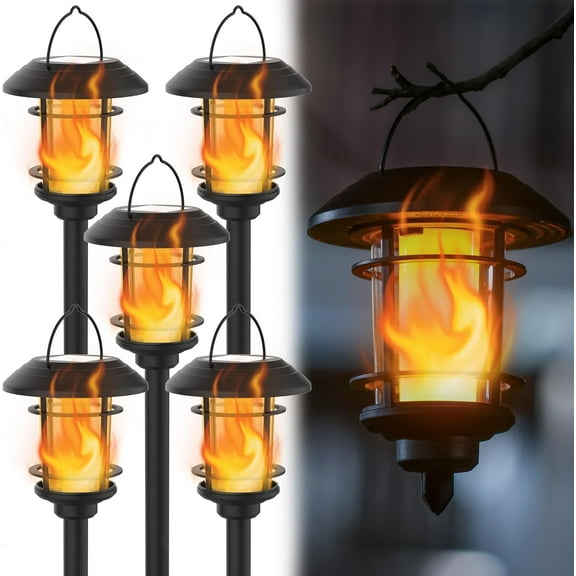 6 Pack Solar Flame Torch Lights Outdoor, Halloween Dual Use Flickering Flame Garden Light, Christmas Hanging Lanterns, Auto On/Off & Waterproof Lighting for Lawn Yard Walkway Driveway