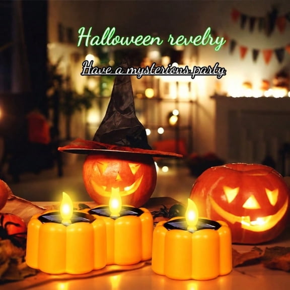 6 Pack Solar Halloween Pumpkin Candles, Waterproof Flameless LED Tea Lights with Flickering Flame, Outdoor Jack-o'-Lantern Decorations for Garden Party Holidays