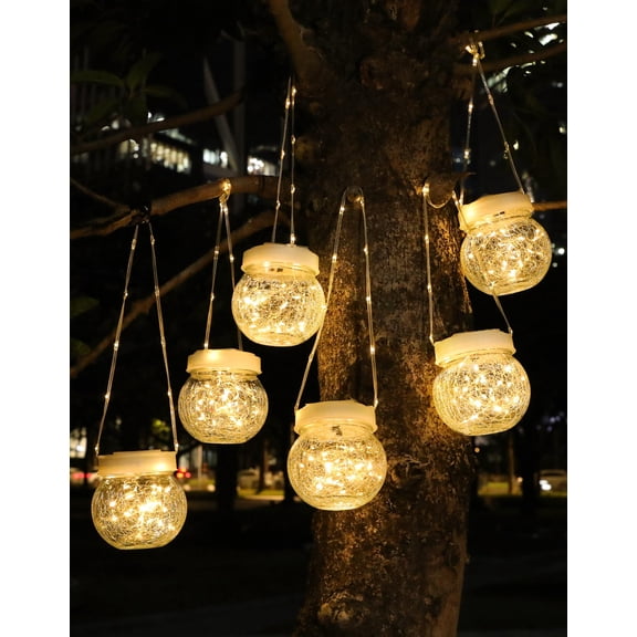 6-Pack Solar Lantern Solar Lights Outdoor Waterproof, Solar Powered Hanging Lights Cracked Glass Hanging Globes for Christmas Decoration, Shepherd Hook, Garden Tree Ornaments, White Cap, Warm White