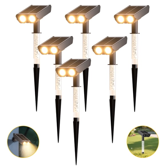 6 Pack Solar Lights Outdoor Waterproof: 2 IN 1 Solar Spot Lights with 2 Lighting Modes & PC Light Guide Column for Tree Garden Yard Pathway,Warm Yellow 3000k Landscape Lights,IP65